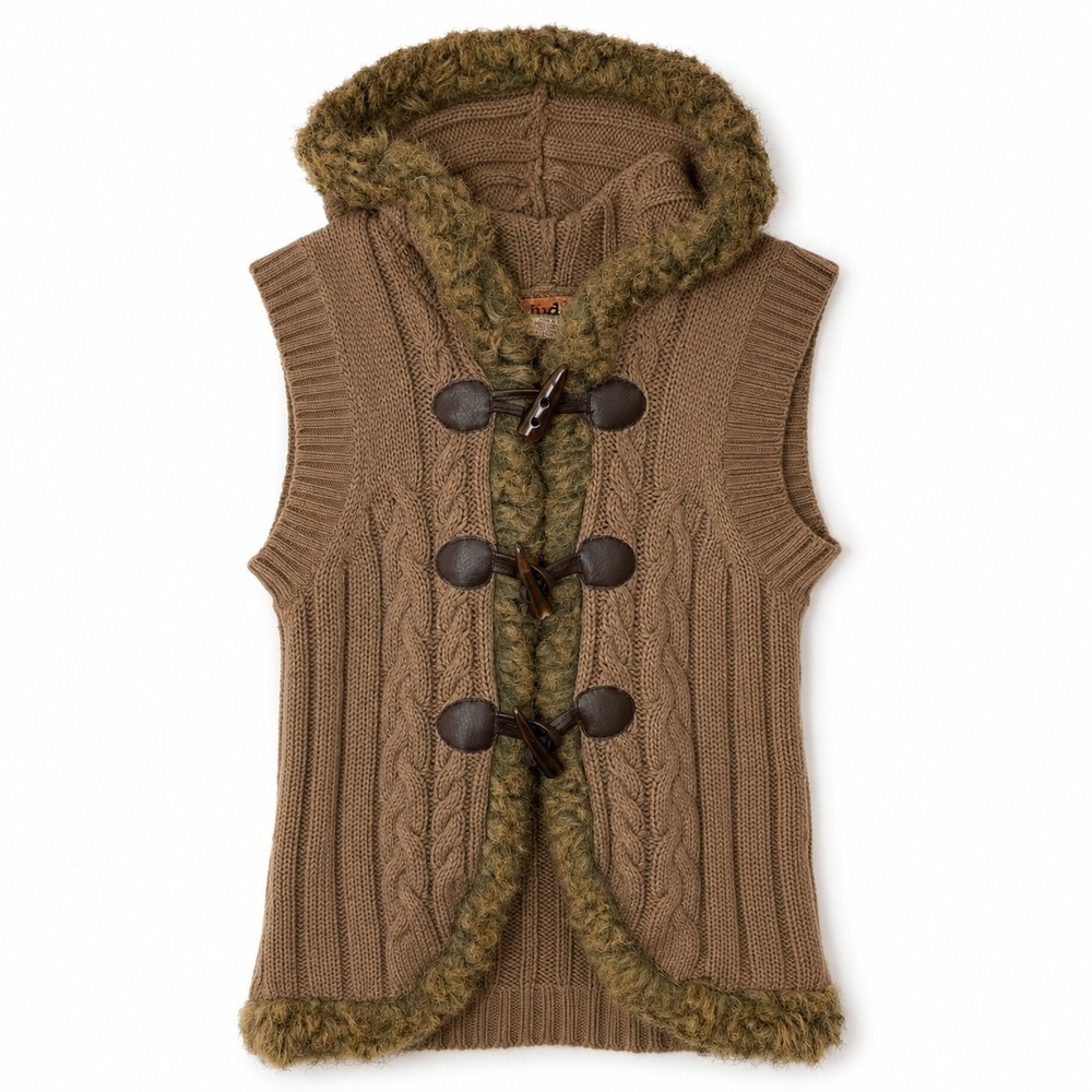 Y2K Mudd Boho Brown Cable Knit Faux Fur Trim Toggle Hooded Retro Sweater Vest-L